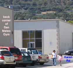 back corner of San Mateo Gymnastics building and building behind it with "NO GYMNASTICS PARKING" sign